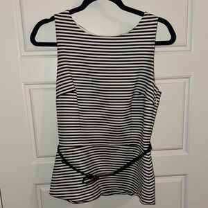 White House Black Market Striped/Belted Black and White Women's Top